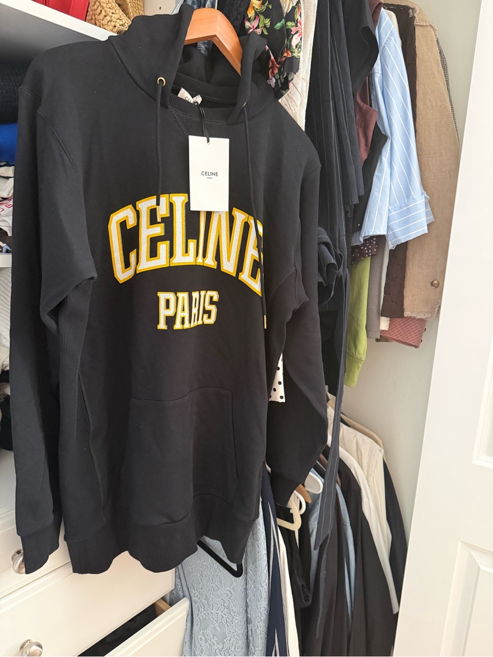 Celine cotton hooded sweatshirt in Black w/ Yellow logo SZ S oversized NWT